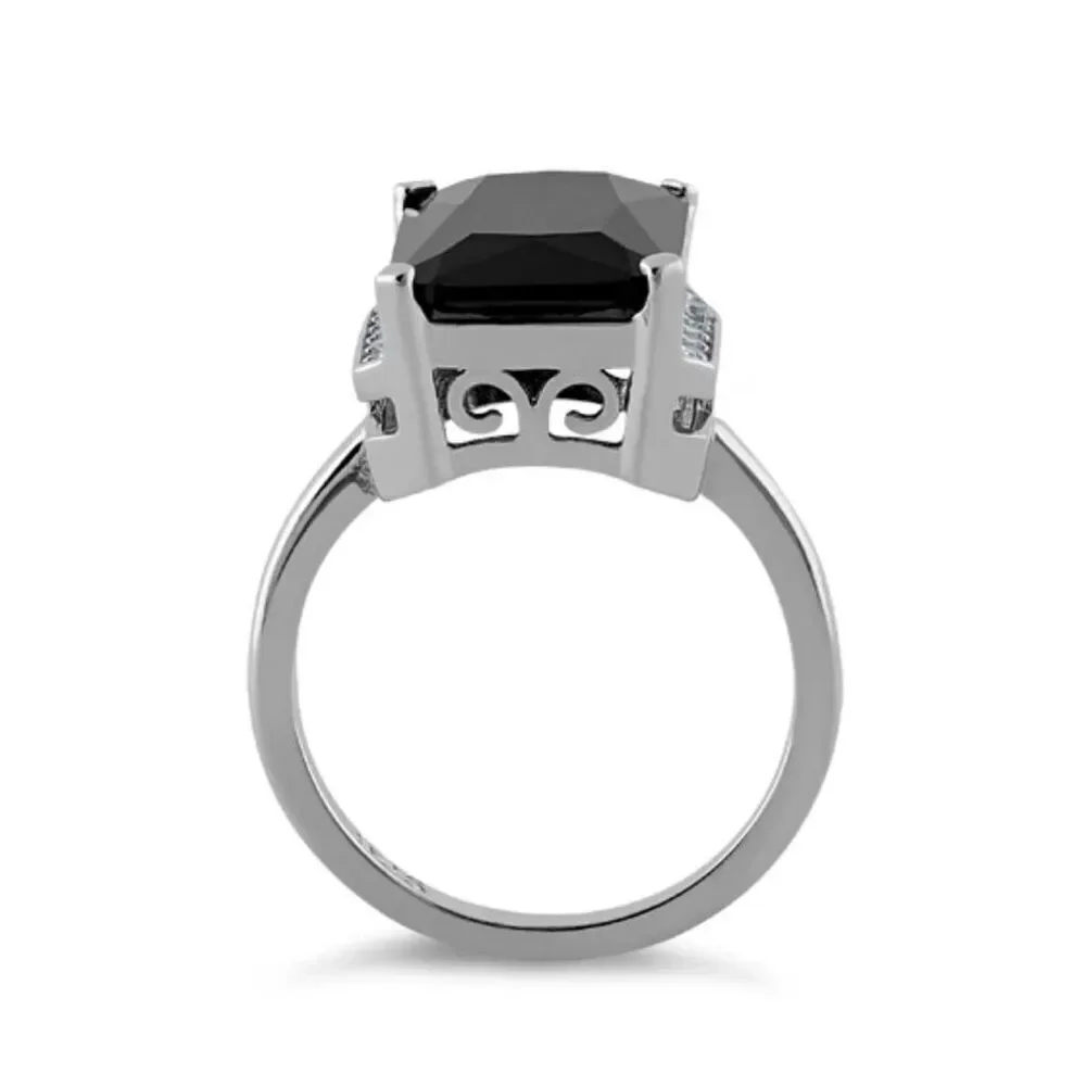 Sterling Silver Black Onyx Radiant Cut CZ Solitaire Ring Size 6 New